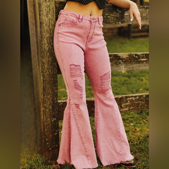 Pink Stone Distressed HighWaist Tummy Control Flare Leg Jeans TALL GIRL FRIENDLY - Picture 3 of 3